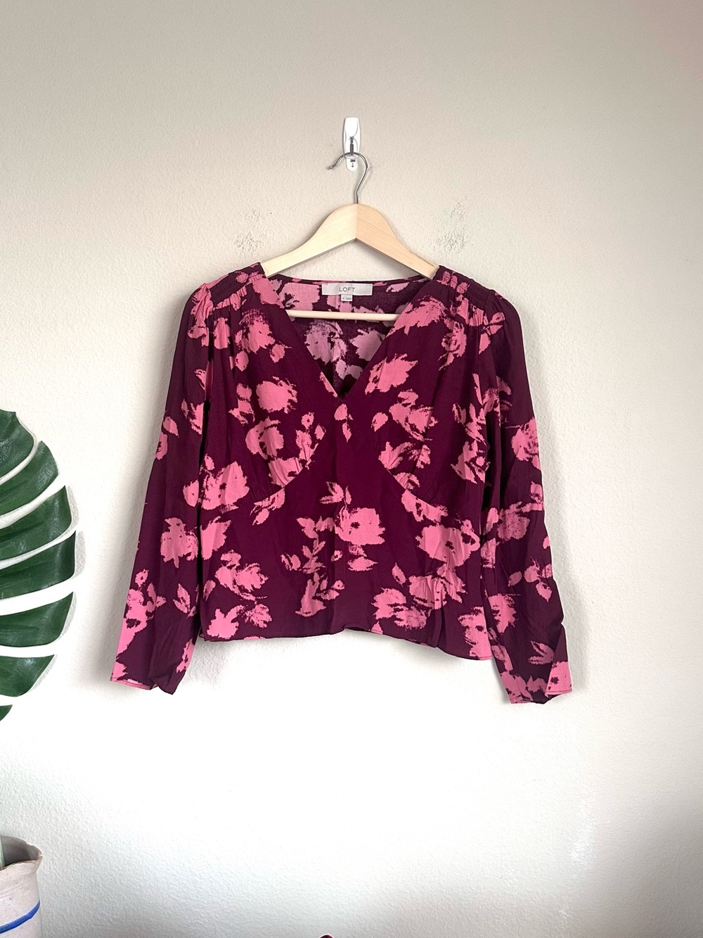 Loft Romantic Floral Smocked V-Neck Blouse